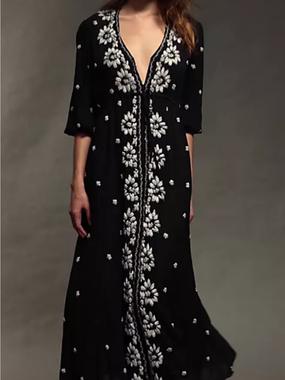 Free People Black Maxi Dress with White Floral Embroidery